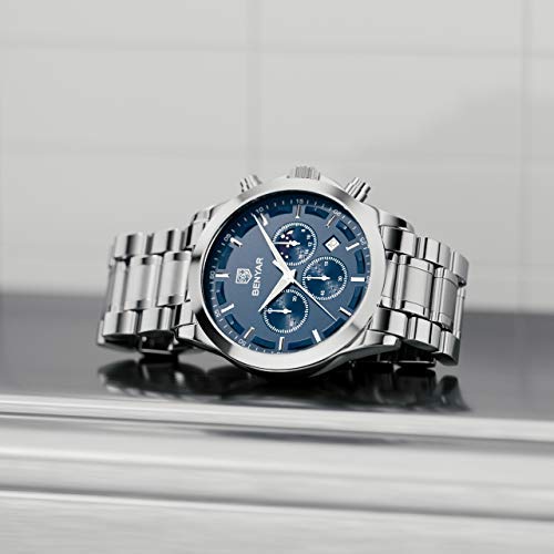 BENYAR Men's Watches Analog Quartz Chronograph Waterproof Stainless Steel Wrist Watches for Men Business Work Casual Sport Mens Dress Watch Unique Elegant Gifts for Men