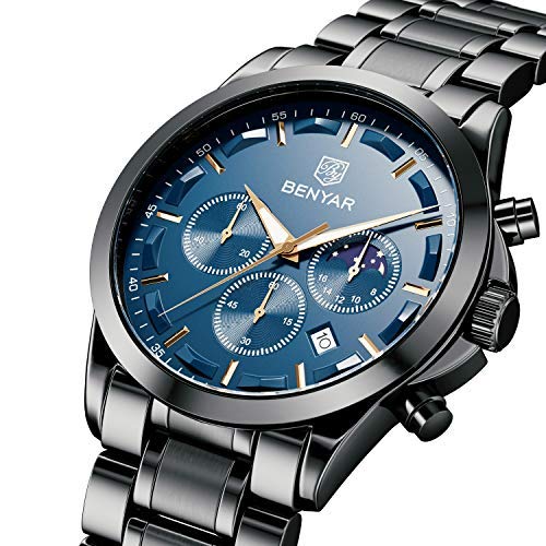 BENYAR Men's Watches Analog Quartz Chronograph Waterproof Stainless Steel Wrist Watches for Men Business Work Casual Sport Mens Dress Watch Unique Elegant Gifts for Men