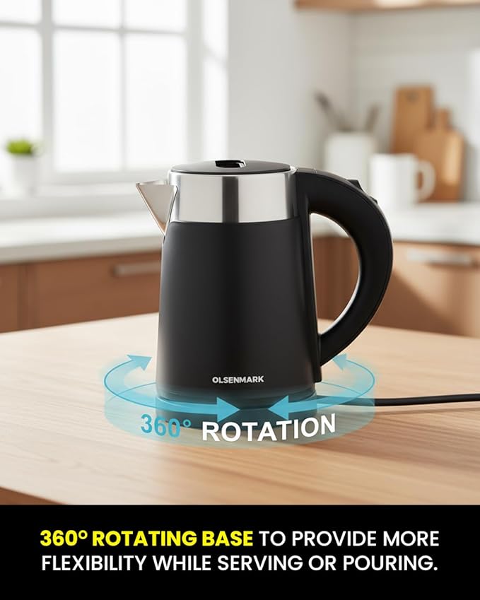 Black electric kettle with a 360-degree rotation feature on a kitchen counter.