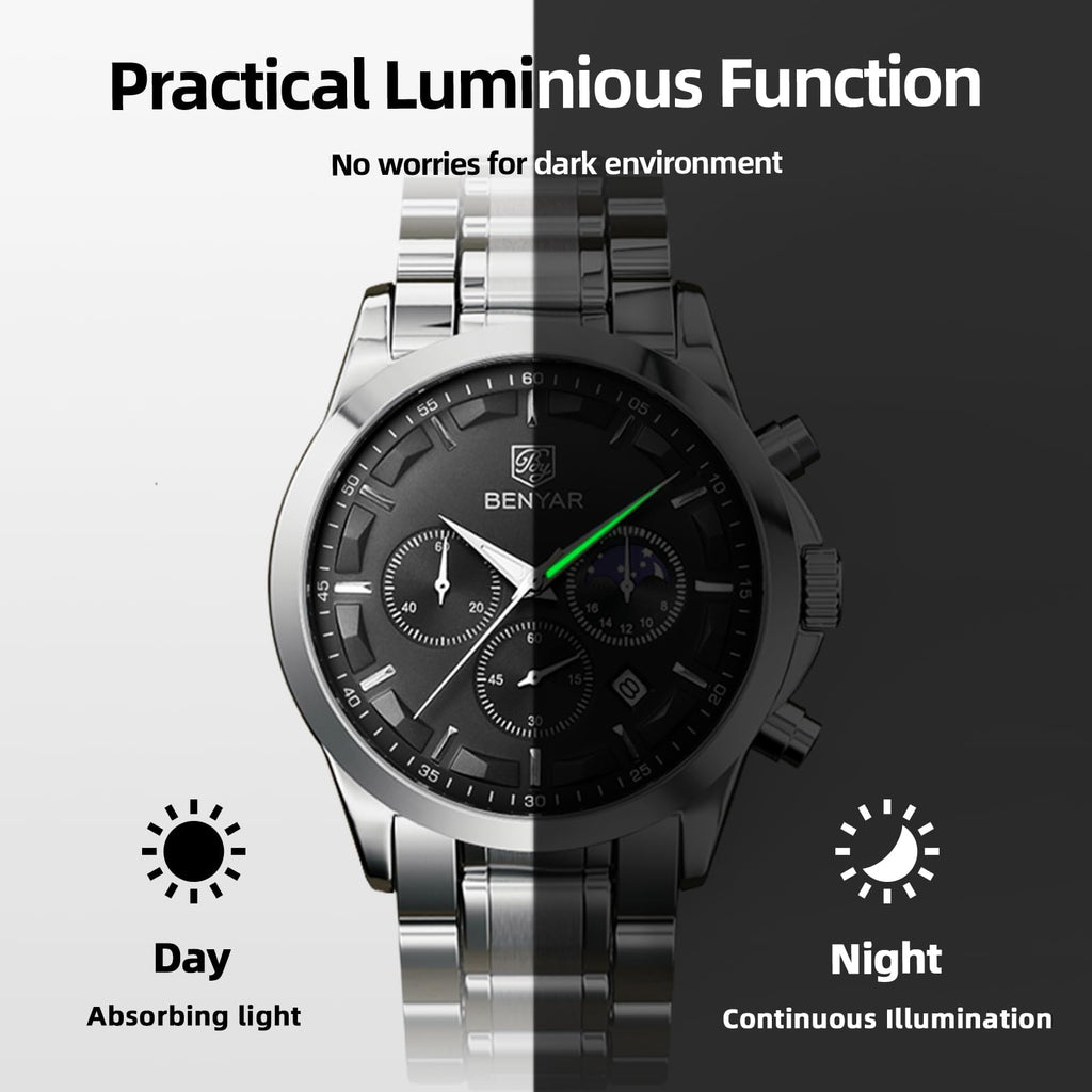 BENYAR Men's Watches Analog Quartz Chronograph Waterproof Stainless Steel Wrist Watches for Men Business Work Casual Sport Mens Dress Watch Unique Elegant Gifts for Men