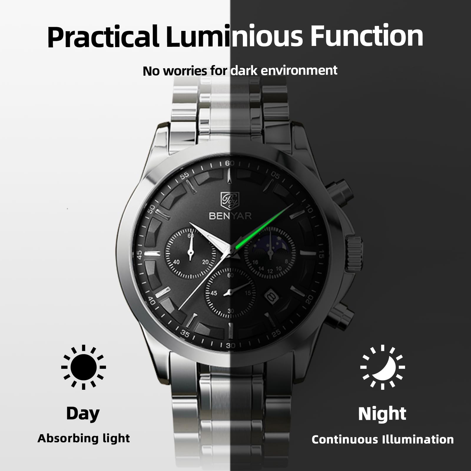 BENYAR Men's Watches Analog Quartz Chronograph Waterproof Stainless Steel Wrist Watches for Men Business Work Casual Sport Mens Dress Watch Unique Elegant Gifts for Men