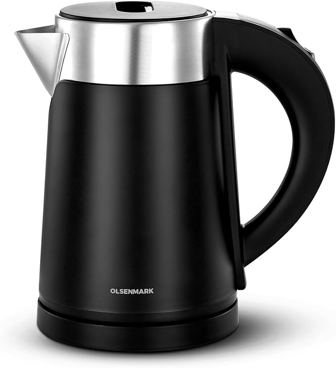 Black electric kettle with a silver lid on a white background