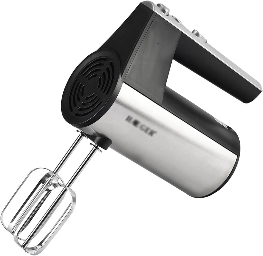 Hand mixer with black handle and silver beaters on a white background