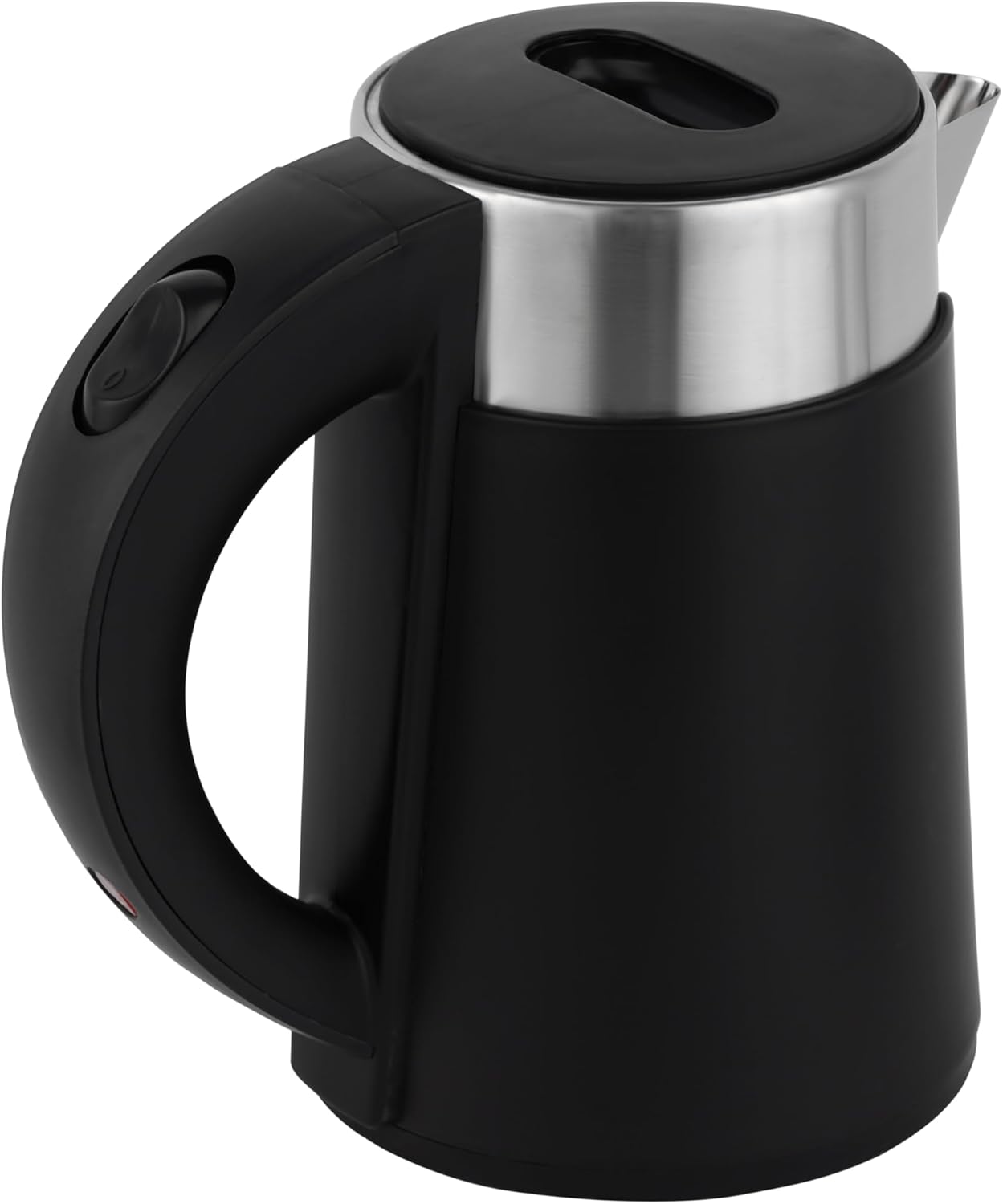 Black electric kettle with a silver top on a white background