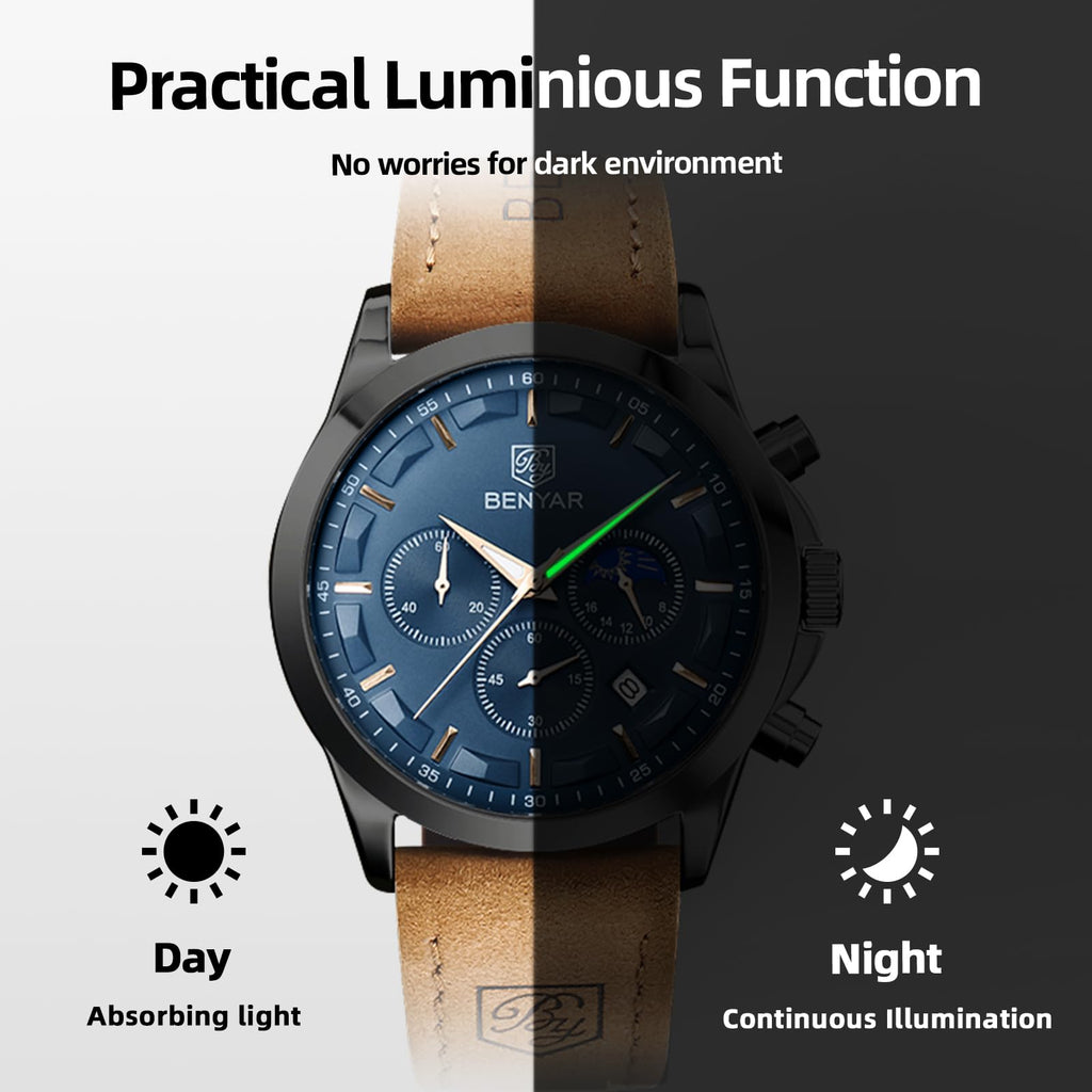 BENYAR Men's Watches Analog Quartz Chronograph Waterproof Stainless Steel Wrist Watches for Men Business Work Casual Sport Mens Dress Watch Unique Elegant Gifts for Men