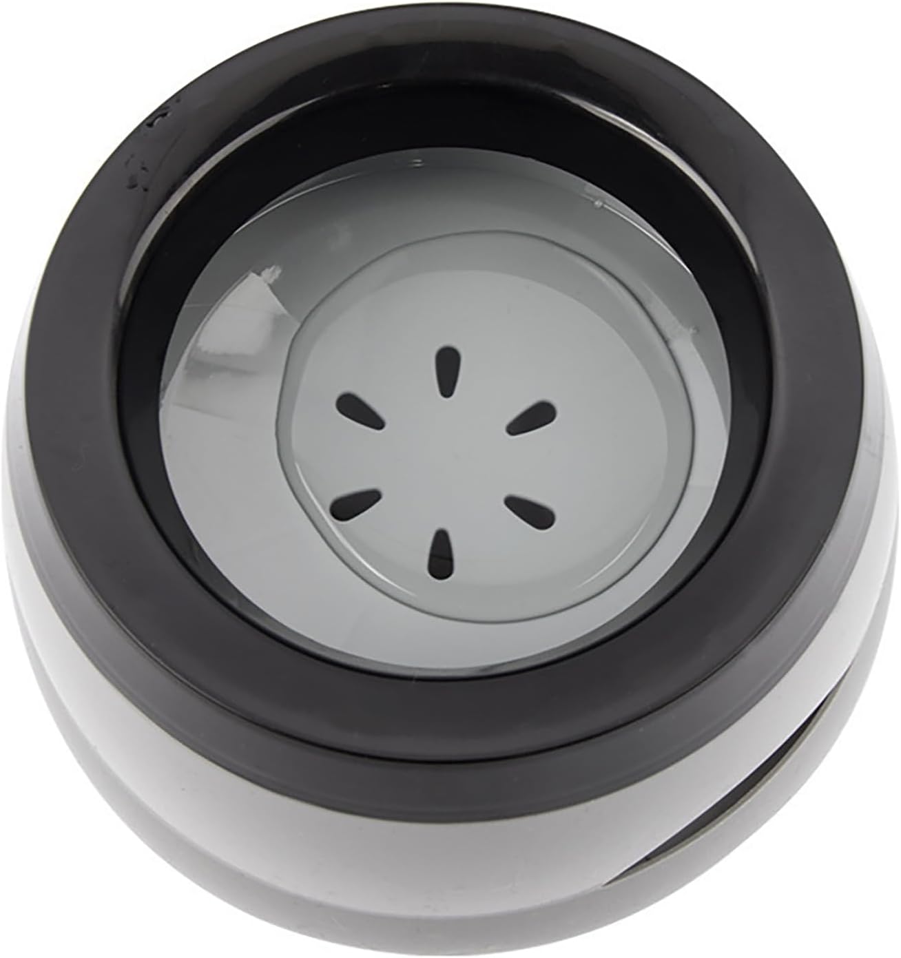 Round kitchen drain with black rim and gray center on a white background