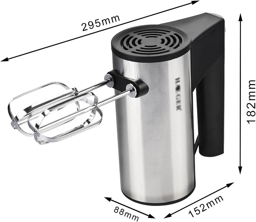 Hand mixer with dimensions labeled on a white background