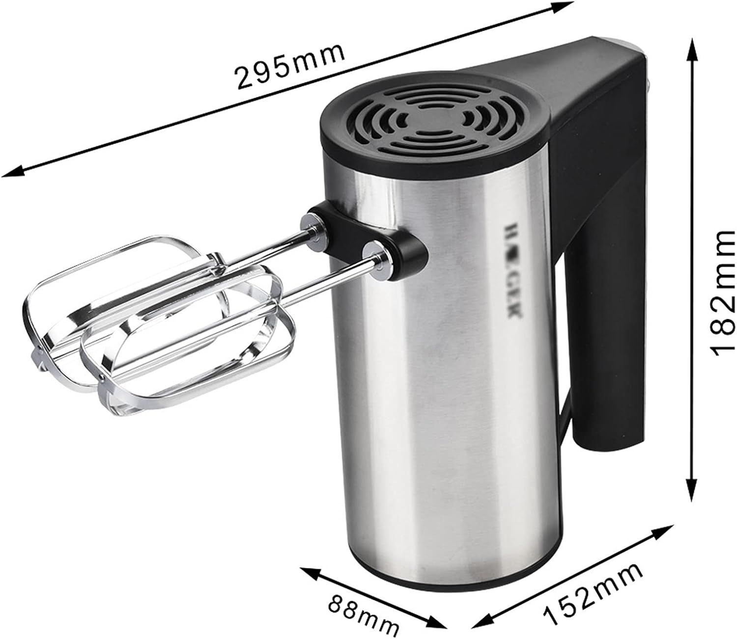 Hand mixer with dimensions labeled on a white background