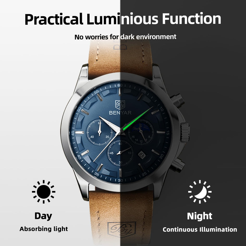 BENYAR Men's Watches Analog Quartz Chronograph Waterproof Stainless Steel Wrist Watches for Men Business Work Casual Sport Mens Dress Watch Unique Elegant Gifts for Men