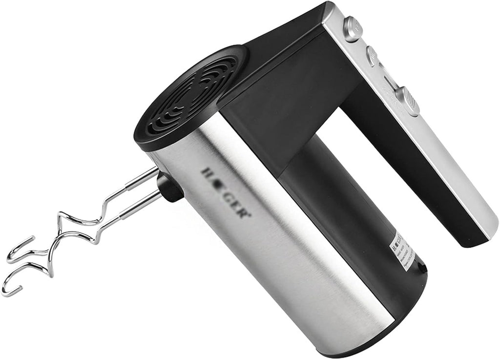 Hand mixer with black and silver design on a white background