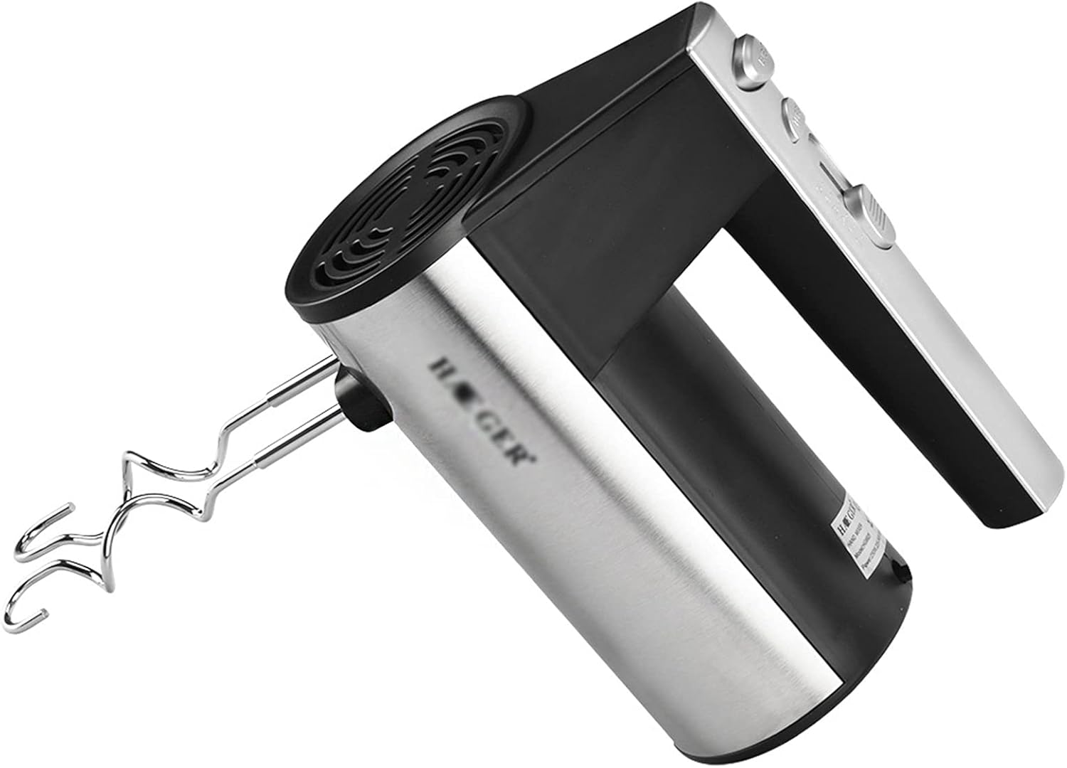 Hand mixer with black and silver design on a white background