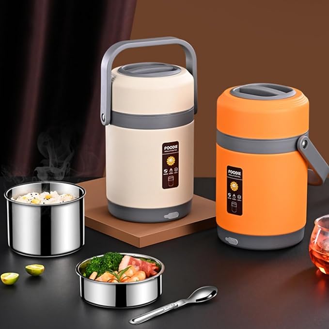 Two thermos containers, one beige and one orange, on a dark surface with food items and a spoon.
