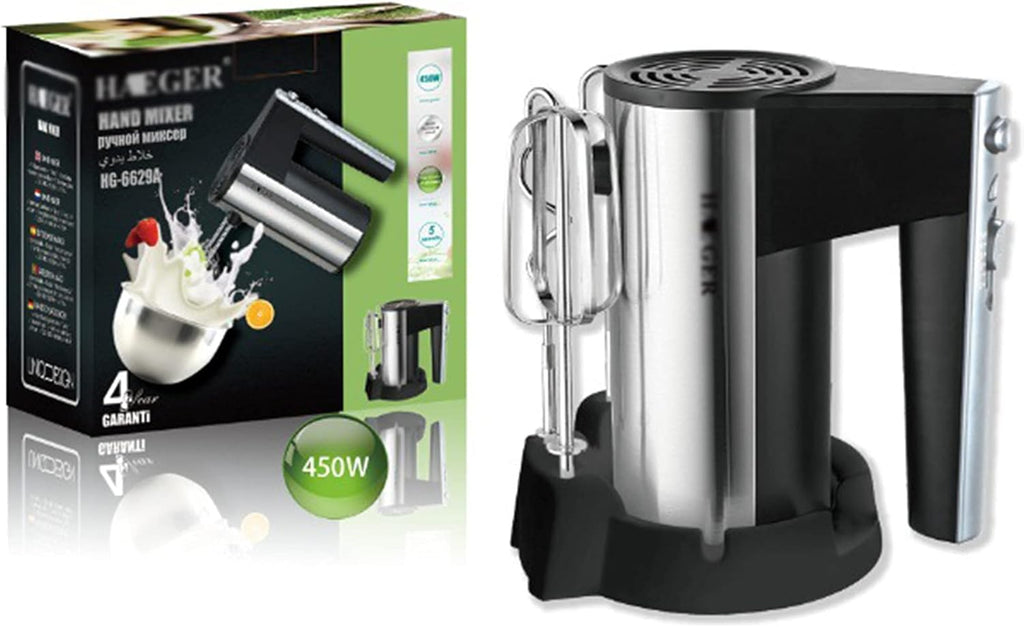 Hand mixer with packaging on a white background