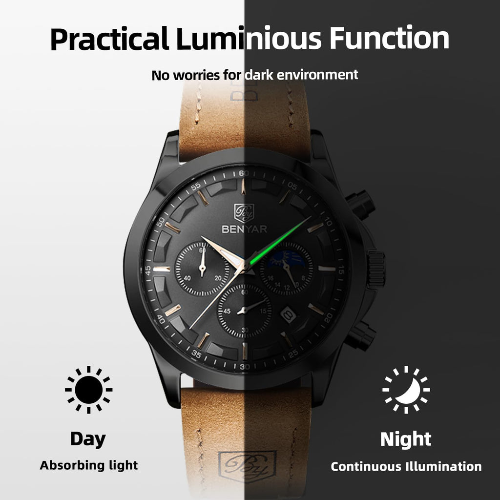 BENYAR Men's Watches Analog Quartz Chronograph Waterproof Stainless Steel Wrist Watches for Men Business Work Casual Sport Mens Dress Watch Unique Elegant Gifts for Men