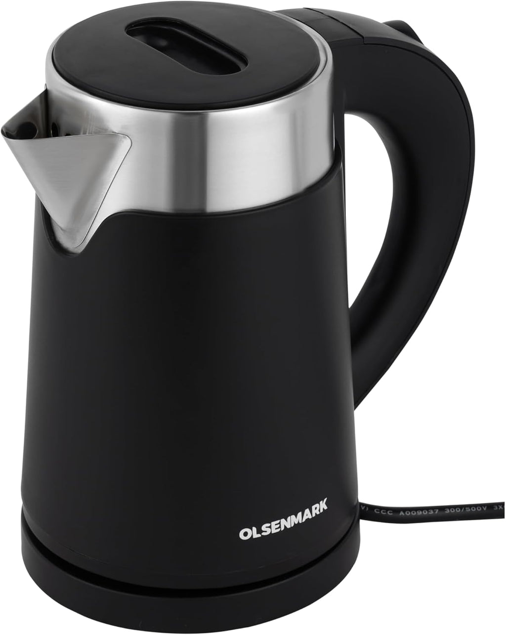 Black electric kettle with stainless steel top on a white background