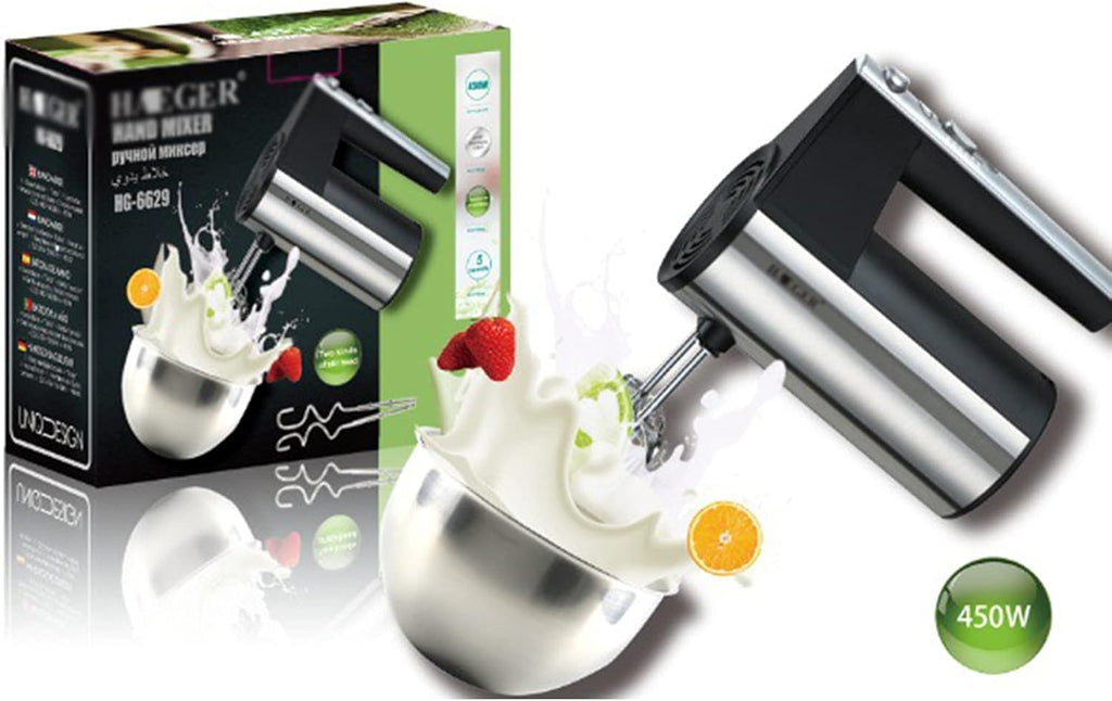 Hand mixer with packaging on a white background