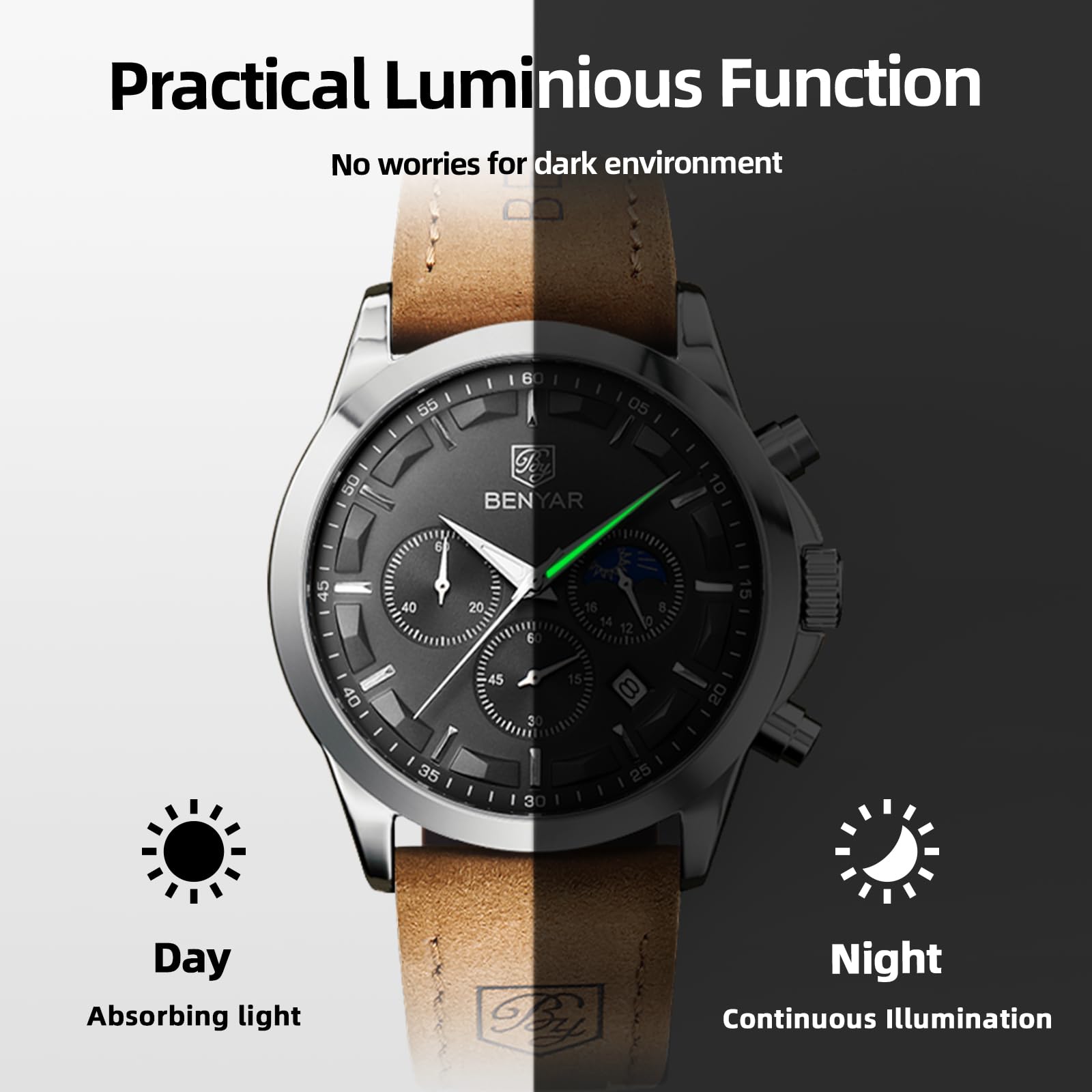 BENYAR Men's Watches Analog Quartz Chronograph Waterproof Stainless Steel Wrist Watches for Men Business Work Casual Sport Mens Dress Watch Unique Elegant Gifts for Men