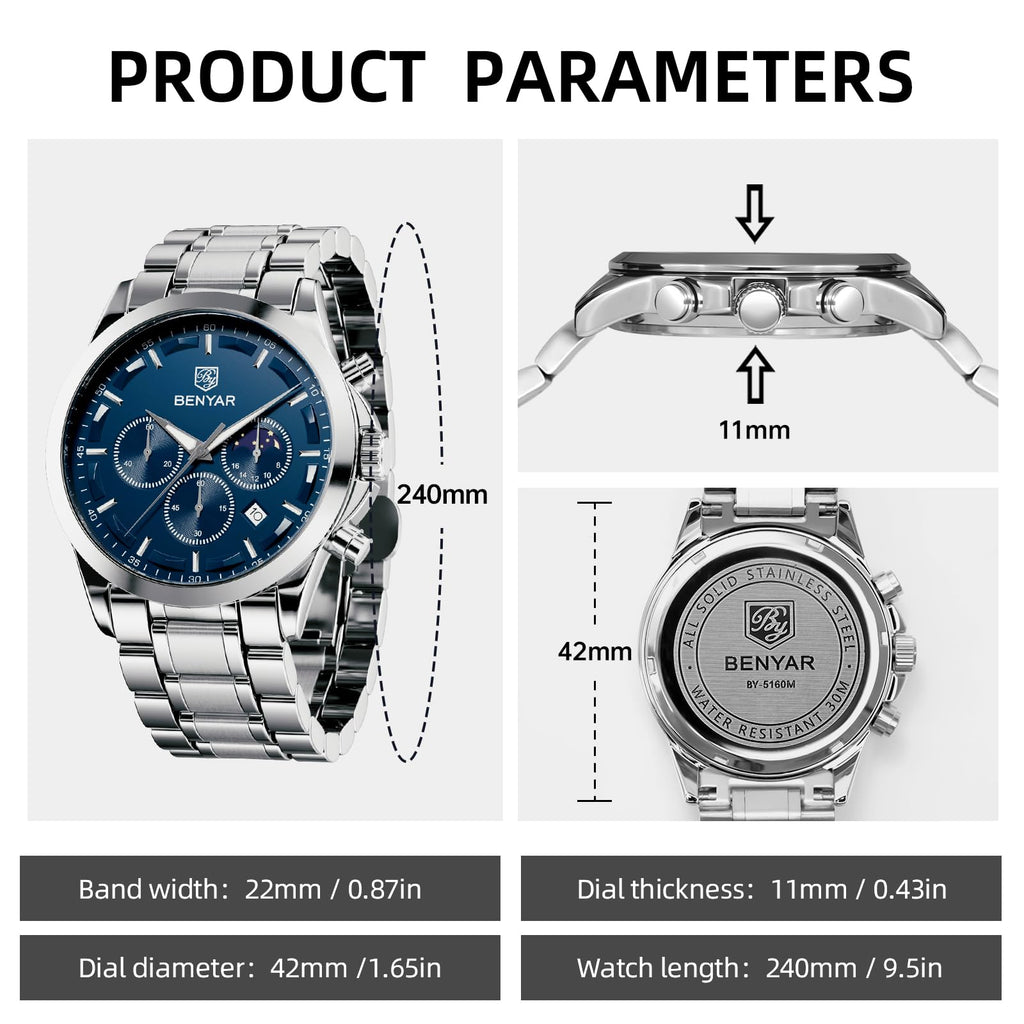 BENYAR Men's Watches Analog Quartz Chronograph Waterproof Stainless Steel Wrist Watches for Men Business Work Casual Sport Mens Dress Watch Unique Elegant Gifts for Men
