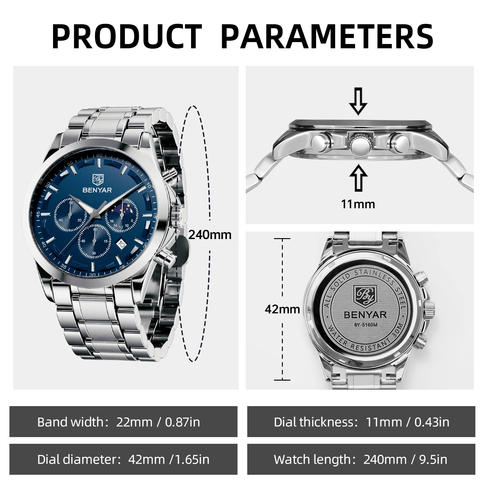 BENYAR Men's Watches Analog Quartz Chronograph Waterproof Stainless Steel Wrist Watches for Men Business Work Casual Sport Mens Dress Watch Unique Elegant Gifts for Men
