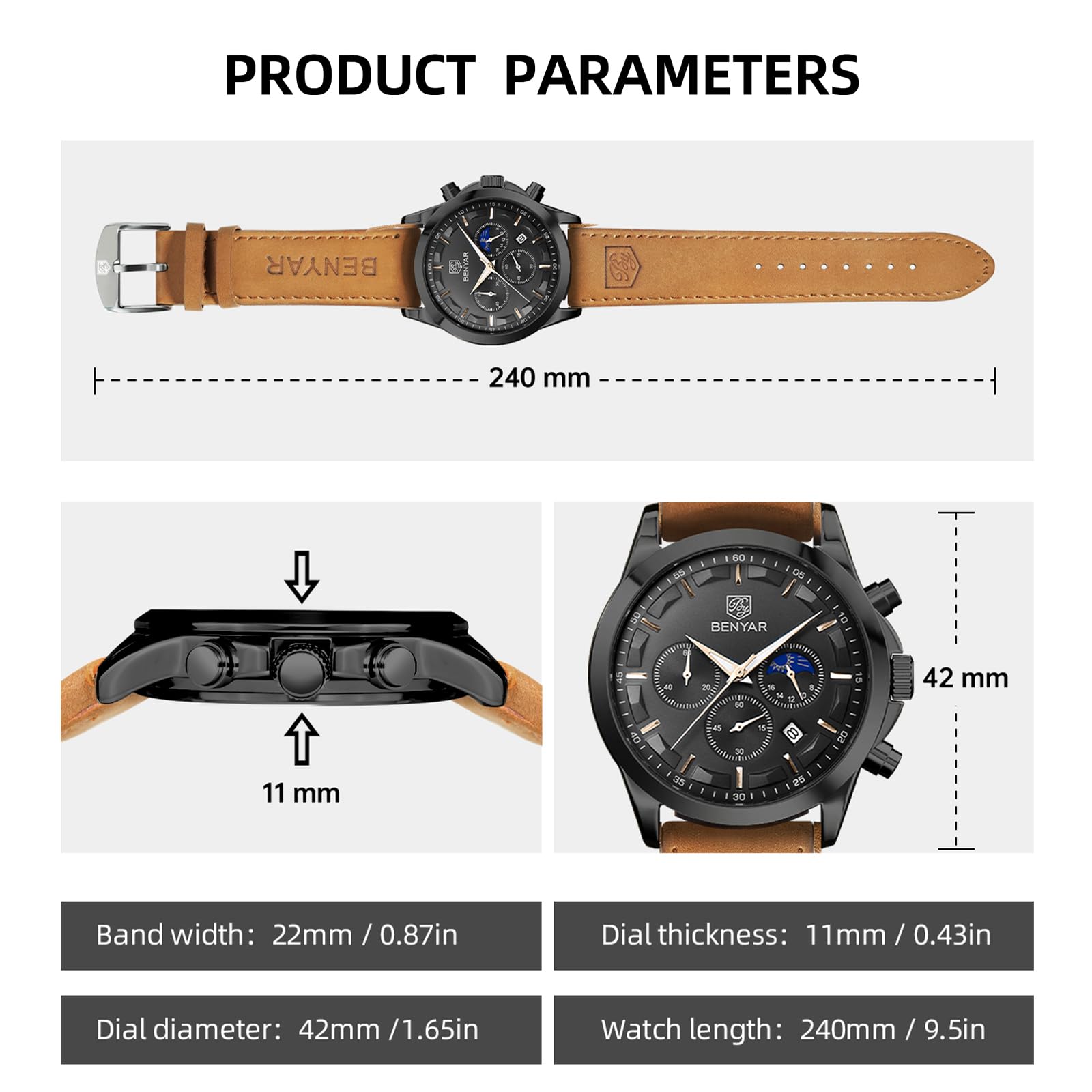 BENYAR Men's Watches Analog Quartz Chronograph Waterproof Stainless Steel Wrist Watches for Men Business Work Casual Sport Mens Dress Watch Unique Elegant Gifts for Men