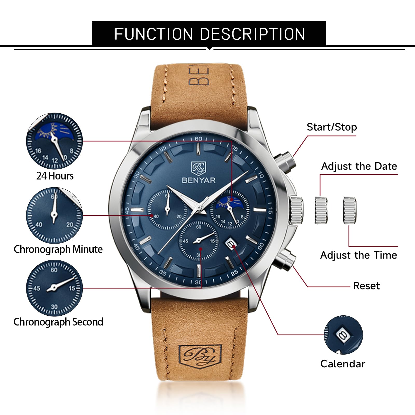 BENYAR Men's Watches Analog Quartz Chronograph Waterproof Stainless Steel Wrist Watches for Men Business Work Casual Sport Mens Dress Watch Unique Elegant Gifts for Men