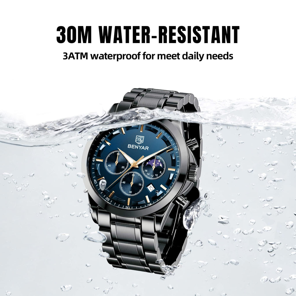 BENYAR Men's Watches Analog Quartz Chronograph Waterproof Stainless Steel Wrist Watches for Men Business Work Casual Sport Mens Dress Watch Unique Elegant Gifts for Men