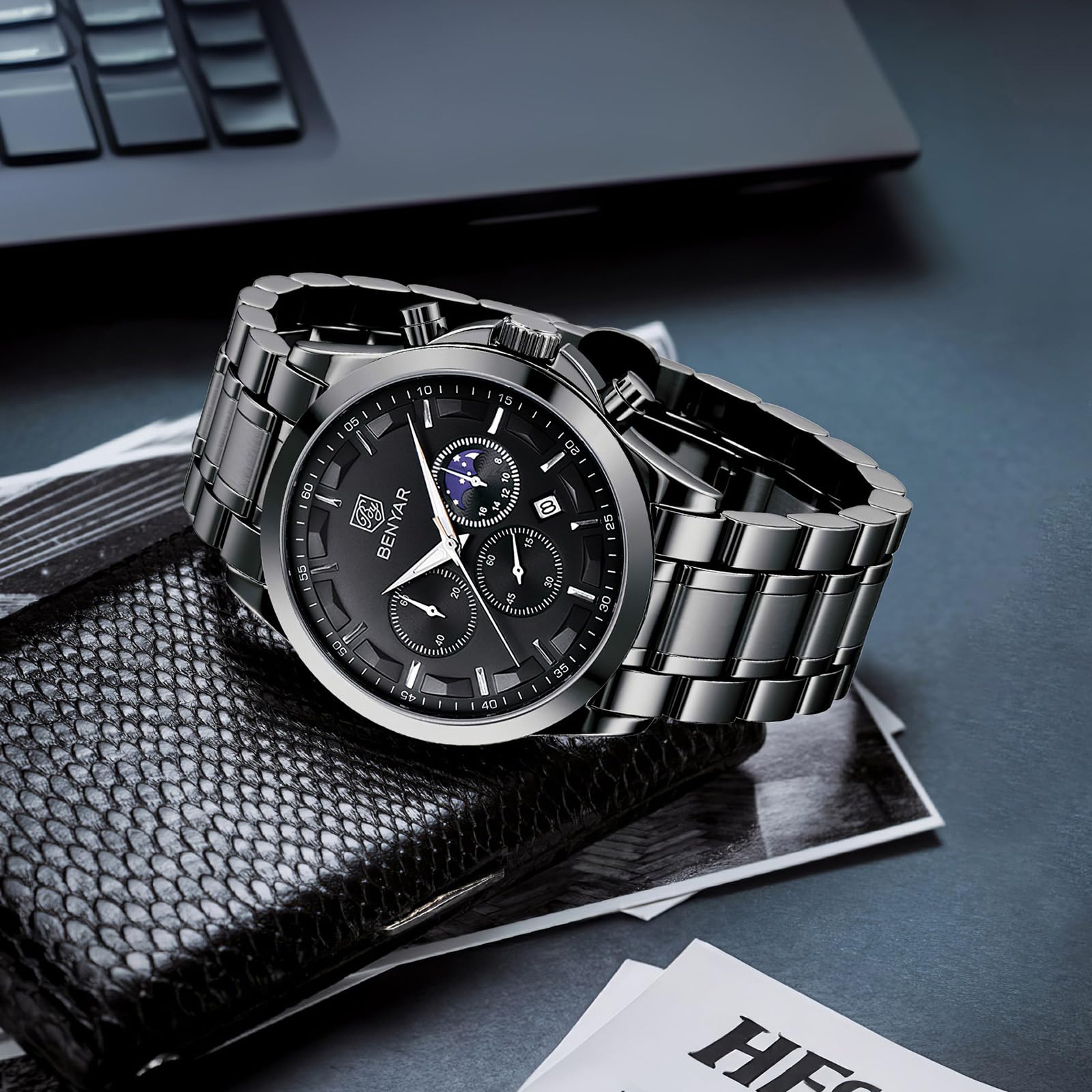 BENYAR Men's Watches Analog Quartz Chronograph Waterproof Stainless Steel Wrist Watches for Men Business Work Casual Sport Mens Dress Watch Unique Elegant Gifts for Men