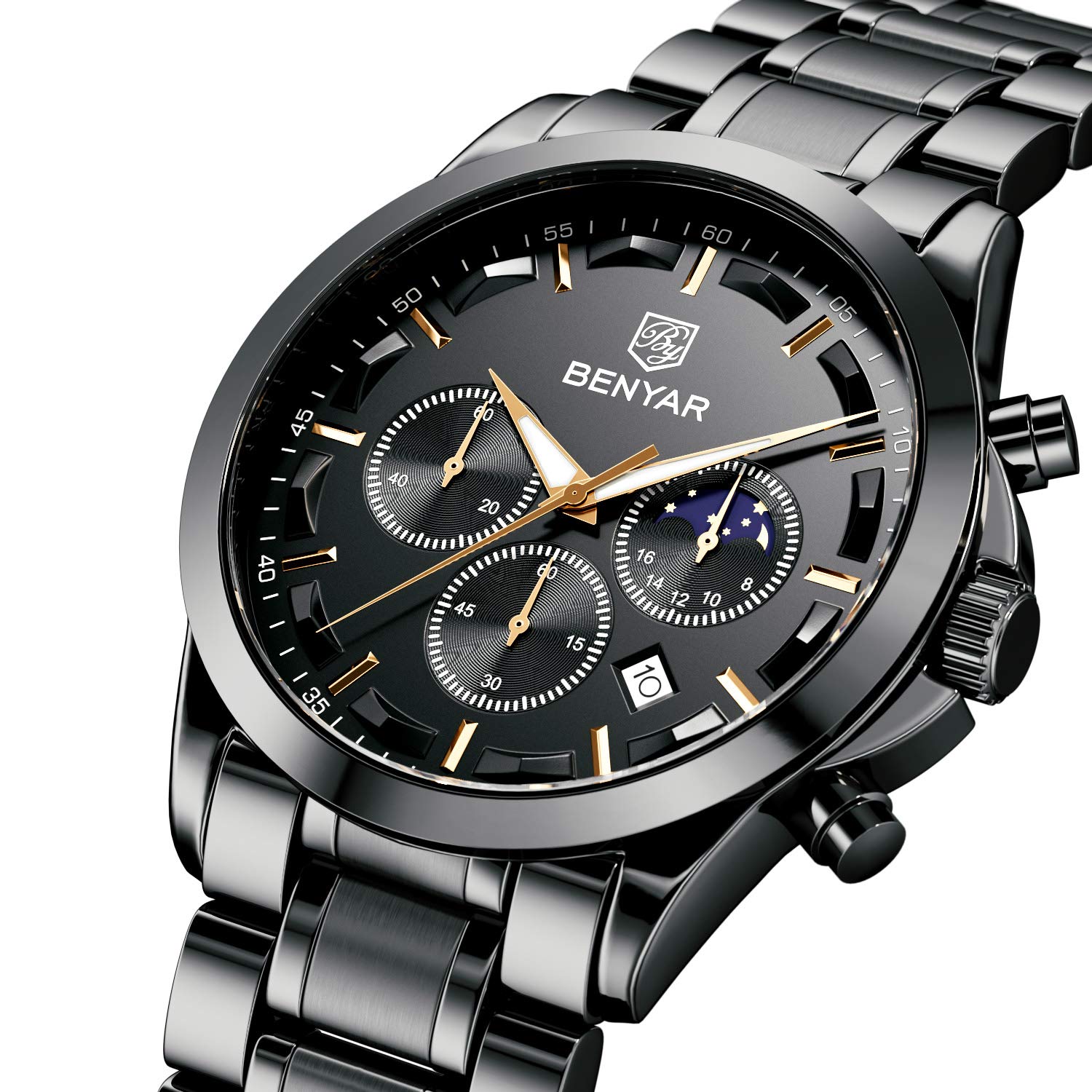BENYAR Men's Watches Analog Quartz Chronograph Waterproof Stainless Steel Wrist Watches for Men Business Work Casual Sport Mens Dress Watch Unique Elegant Gifts for Men