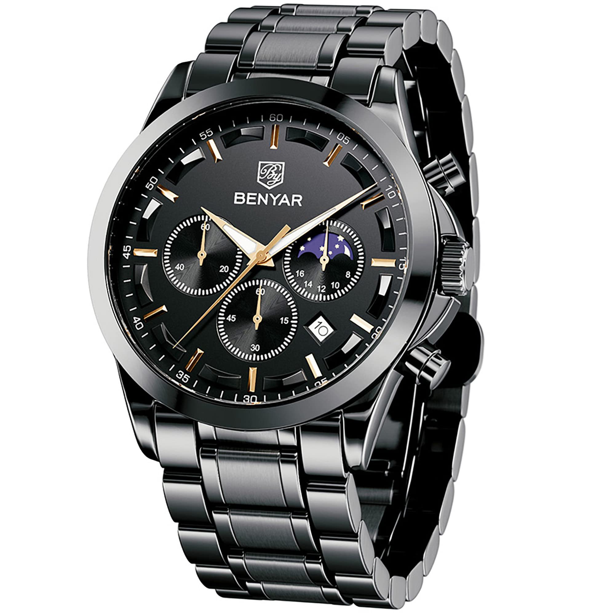 BENYAR Men's Watches Analog Quartz Chronograph Waterproof Stainless Steel Wrist Watches for Men Business Work Casual Sport Mens Dress Watch Unique Elegant Gifts for Men