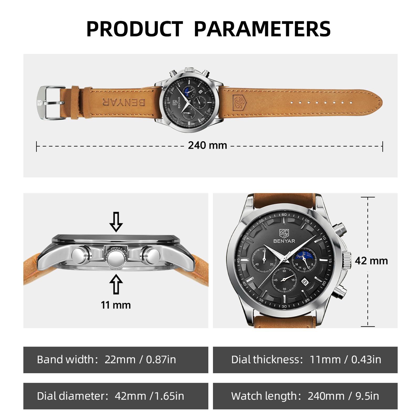BENYAR Men's Watches Analog Quartz Chronograph Waterproof Stainless Steel Wrist Watches for Men Business Work Casual Sport Mens Dress Watch Unique Elegant Gifts for Men