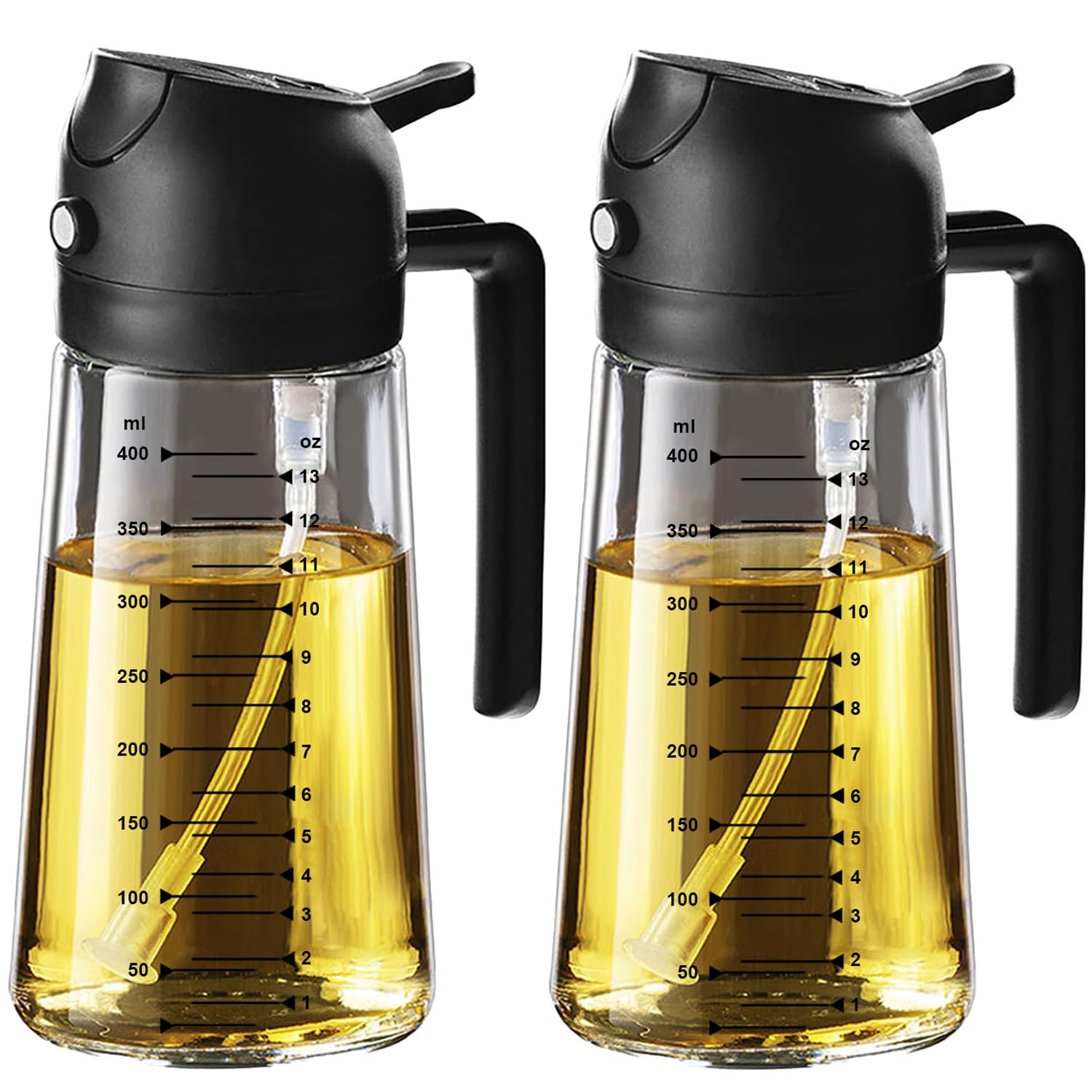 TrendPlain 16oz/470ml Glass Olive Oil Sprayer for Cooking – 2 in 1 Olive Oil Dispenser Bottle for Kitchen Gadgets and Air Fryer Accessories, Salad, BBQ - Black