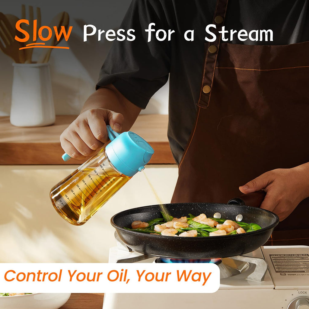 TrendPlain 16oz/470ml Glass Olive Oil Sprayer for Cooking – 2 in 1 Olive Oil Dispenser Bottle for Kitchen Gadgets and Air Fryer Accessories, Salad, BBQ - Black