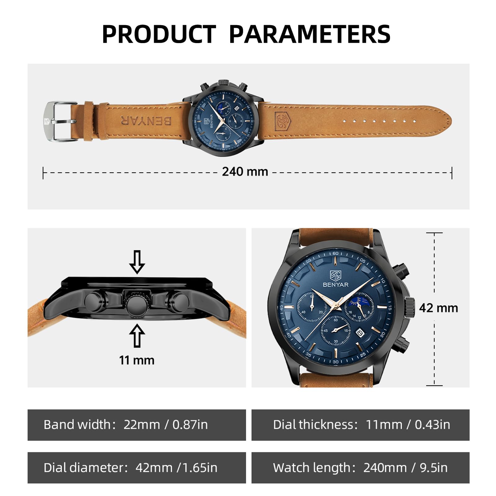 BENYAR Men's Watches Analog Quartz Chronograph Waterproof Stainless Steel Wrist Watches for Men Business Work Casual Sport Mens Dress Watch Unique Elegant Gifts for Men