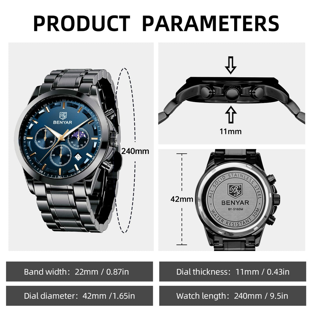 BENYAR Men's Watches Analog Quartz Chronograph Waterproof Stainless Steel Wrist Watches for Men Business Work Casual Sport Mens Dress Watch Unique Elegant Gifts for Men