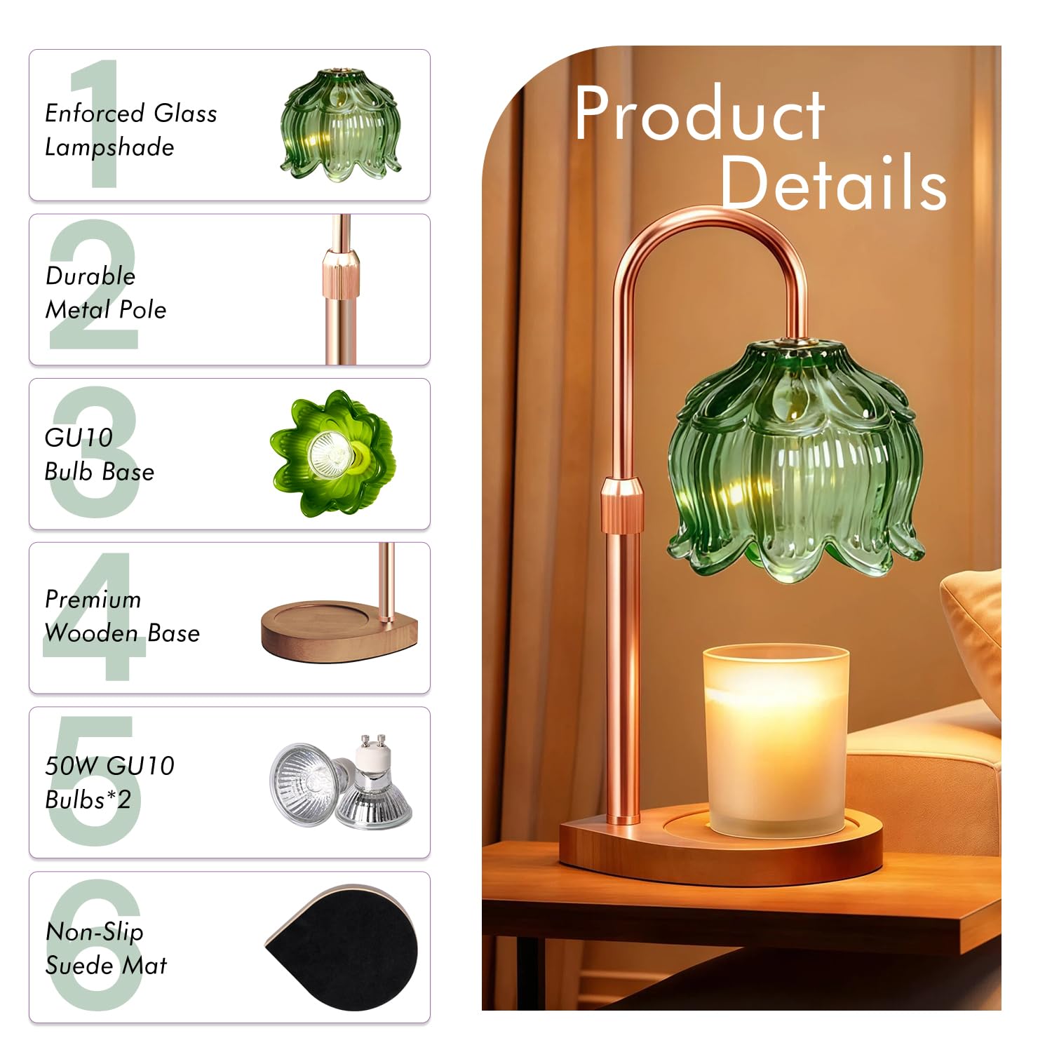 Gugsey Candle Warmer Lamp - Dimmable Candle Lamp with Timer, Flower Wax Warmer Lamp for Jar Candles, Adjustable Height Wax Melter for Gift Home Decor, Farmhouse (Green)