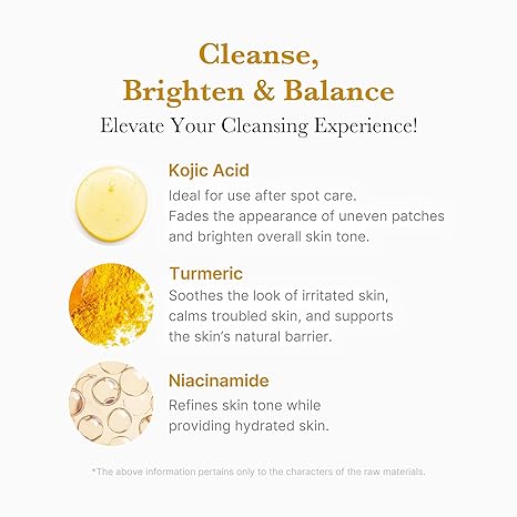Product description card with ingredients Kojic Acid, Turmeric, and Niacinamide for skin care.