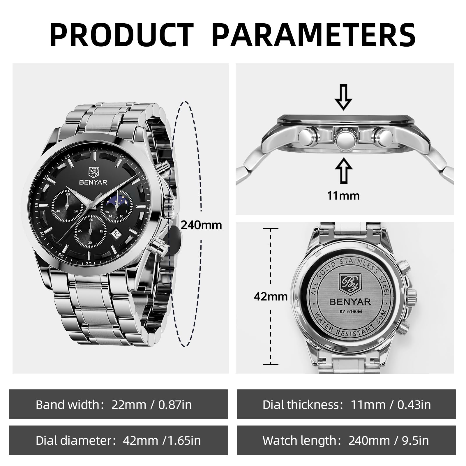 BENYAR Men's Watches Analog Quartz Chronograph Waterproof Stainless Steel Wrist Watches for Men Business Work Casual Sport Mens Dress Watch Unique Elegant Gifts for Men