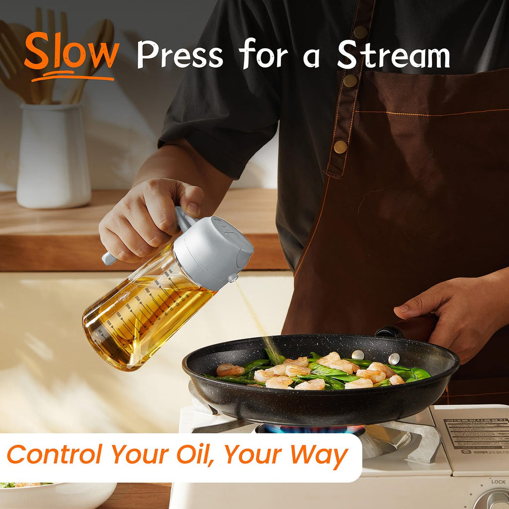 TrendPlain 16oz/470ml Glass Olive Oil Sprayer for Cooking – 2 in 1 Olive Oil Dispenser Bottle for Kitchen Gadgets and Air Fryer Accessories, Salad, BBQ - Black