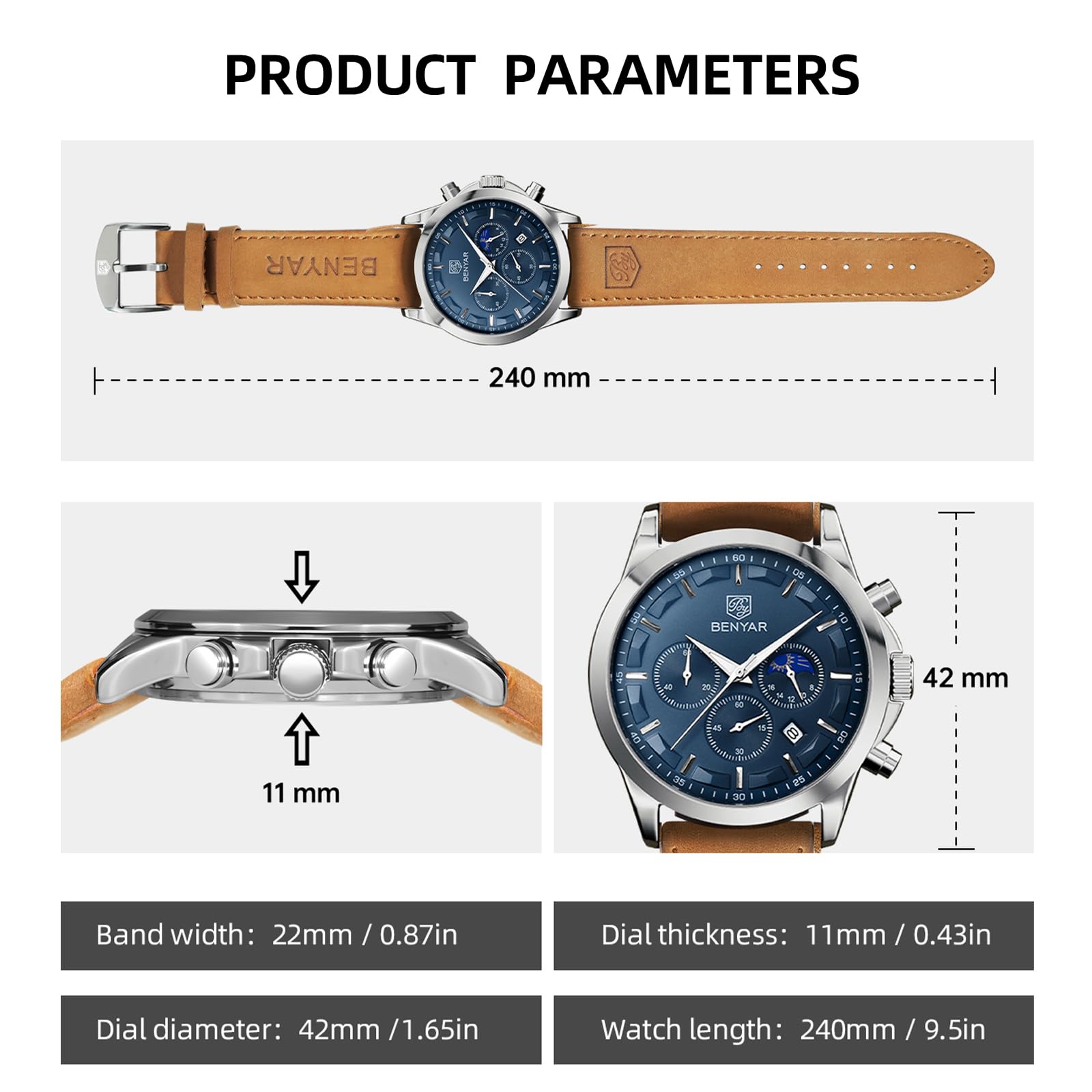 BENYAR Men's Watches Analog Quartz Chronograph Waterproof Stainless Steel Wrist Watches for Men Business Work Casual Sport Mens Dress Watch Unique Elegant Gifts for Men
