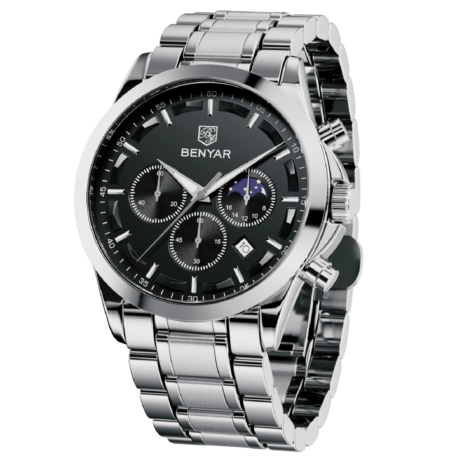 BENYAR Men's Watches Analog Quartz Chronograph Waterproof Stainless Steel Wrist Watches for Men Business Work Casual Sport Mens Dress Watch Unique Elegant Gifts for Men