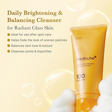 Medicube daily brightening and balancing cleanser with product details on a yellow background