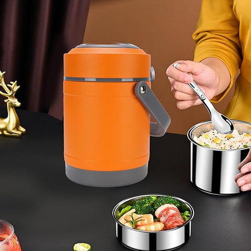 Orange thermos with food containers on a table, person using a spoon.