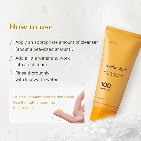 Medicube 100% AHA Toning Cleanser with usage instructions on a white background