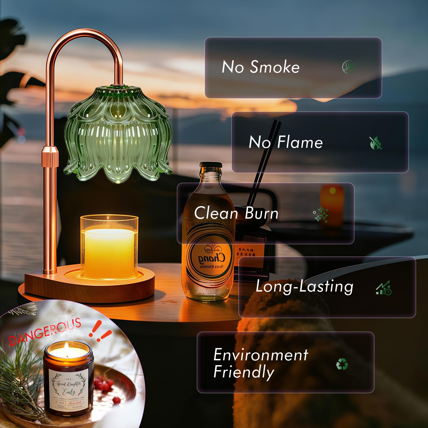 Gugsey Candle Warmer Lamp - Dimmable Candle Lamp with Timer, Flower Wax Warmer Lamp for Jar Candles, Adjustable Height Wax Melter for Gift Home Decor, Farmhouse (Green)