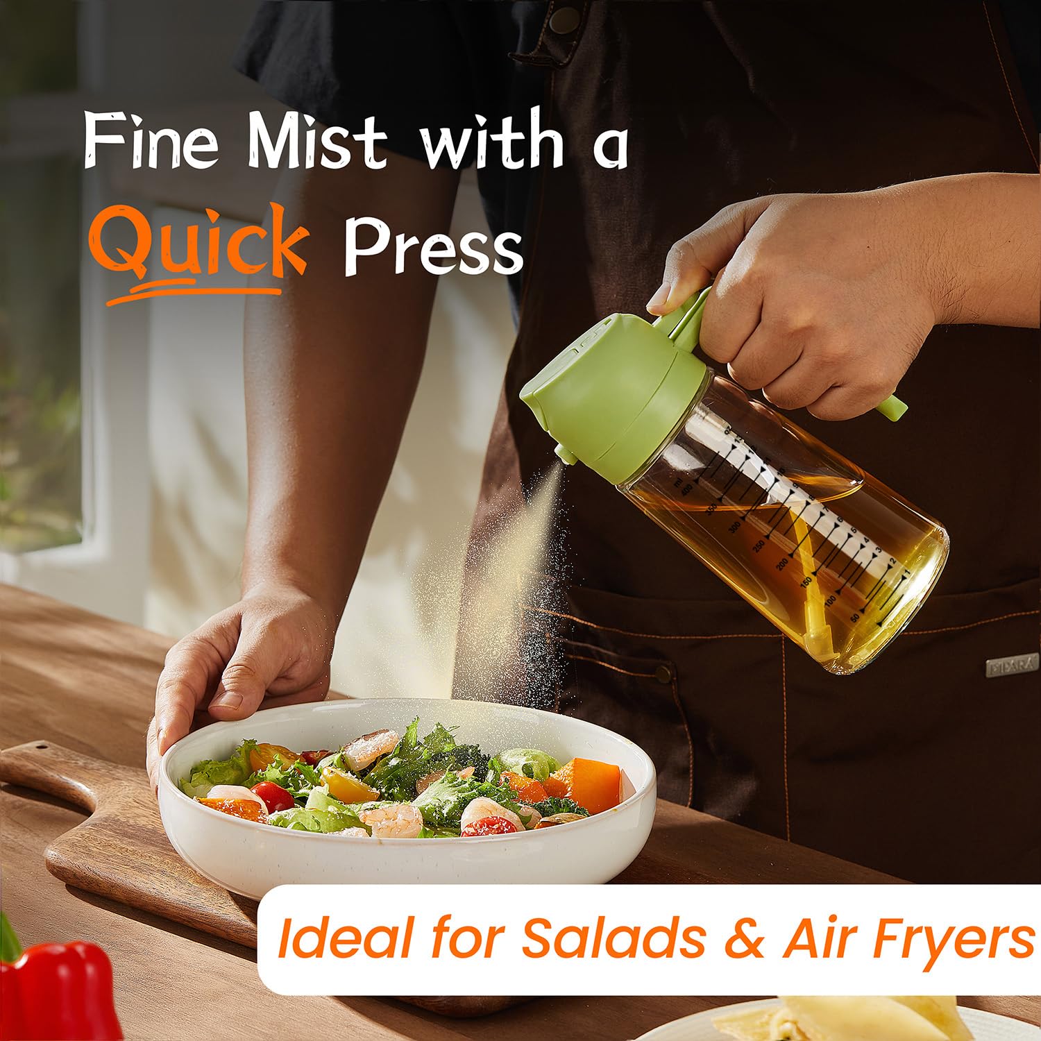 TrendPlain 16oz/470ml Glass Olive Oil Sprayer for Cooking – 2 in 1 Olive Oil Dispenser Bottle for Kitchen Gadgets and Air Fryer Accessories, Salad, BBQ - Black