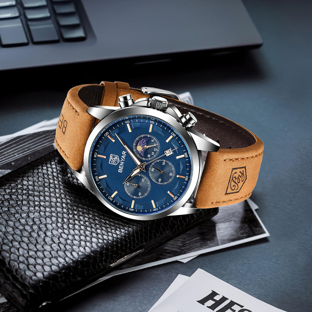 BENYAR Men's Watches Analog Quartz Chronograph Waterproof Stainless Steel Wrist Watches for Men Business Work Casual Sport Mens Dress Watch Unique Elegant Gifts for Men