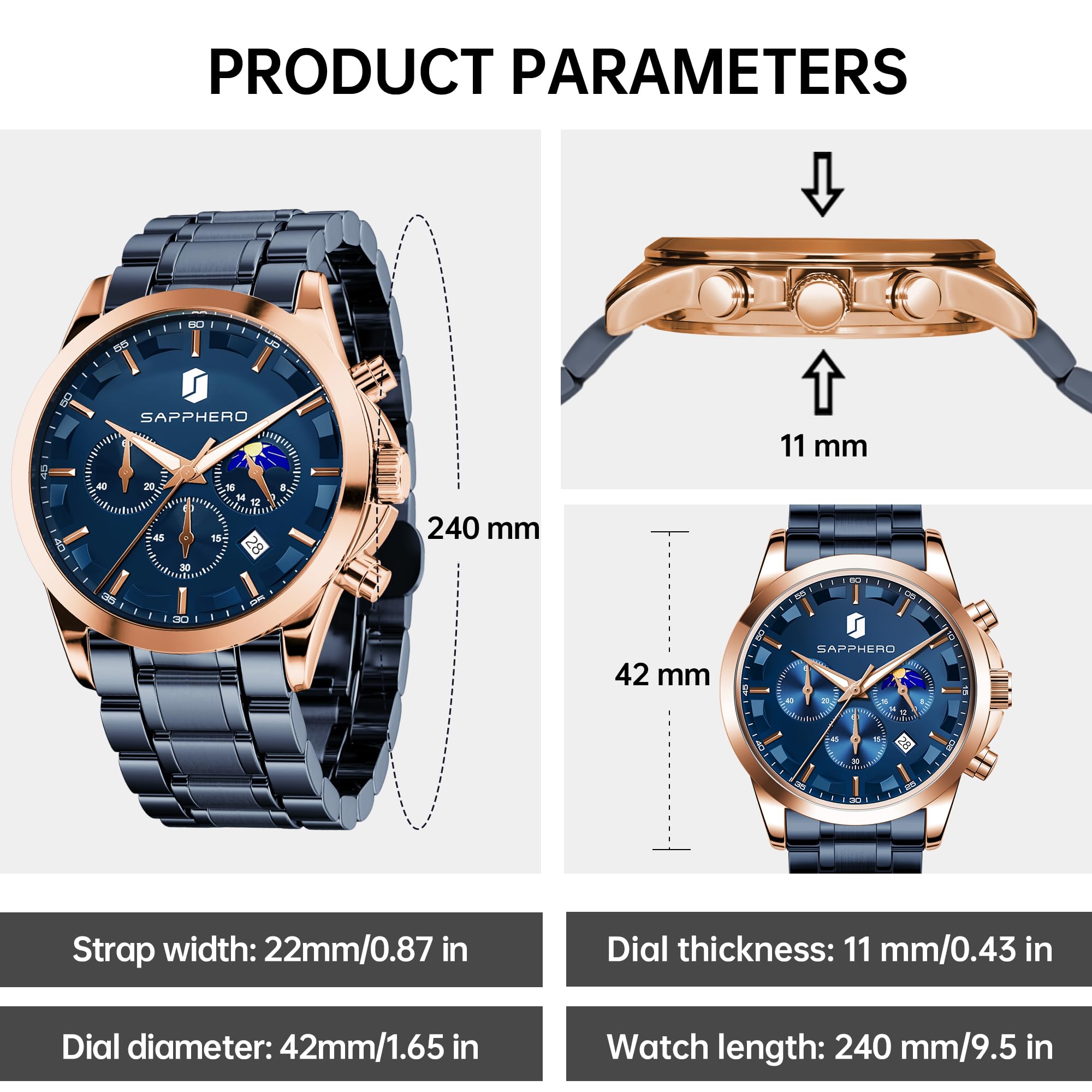 BENYAR Men's Watches Analog Quartz Chronograph Waterproof Stainless Steel Wrist Watches for Men Business Work Casual Sport Mens Dress Watch Unique Elegant Gifts for Men
