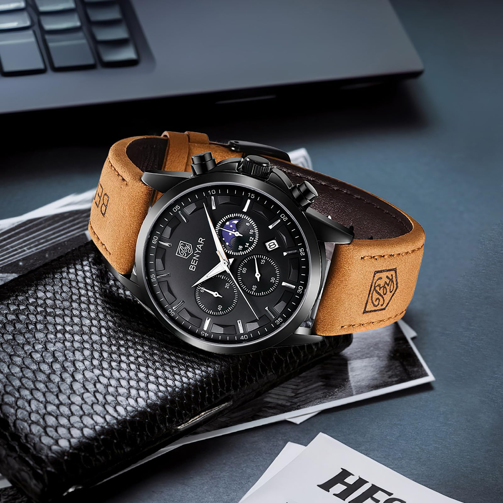BENYAR Men's Watches Analog Quartz Chronograph Waterproof Stainless Steel Wrist Watches for Men Business Work Casual Sport Mens Dress Watch Unique Elegant Gifts for Men