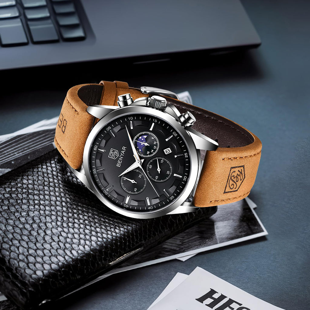 BENYAR Men's Watches Analog Quartz Chronograph Waterproof Stainless Steel Wrist Watches for Men Business Work Casual Sport Mens Dress Watch Unique Elegant Gifts for Men