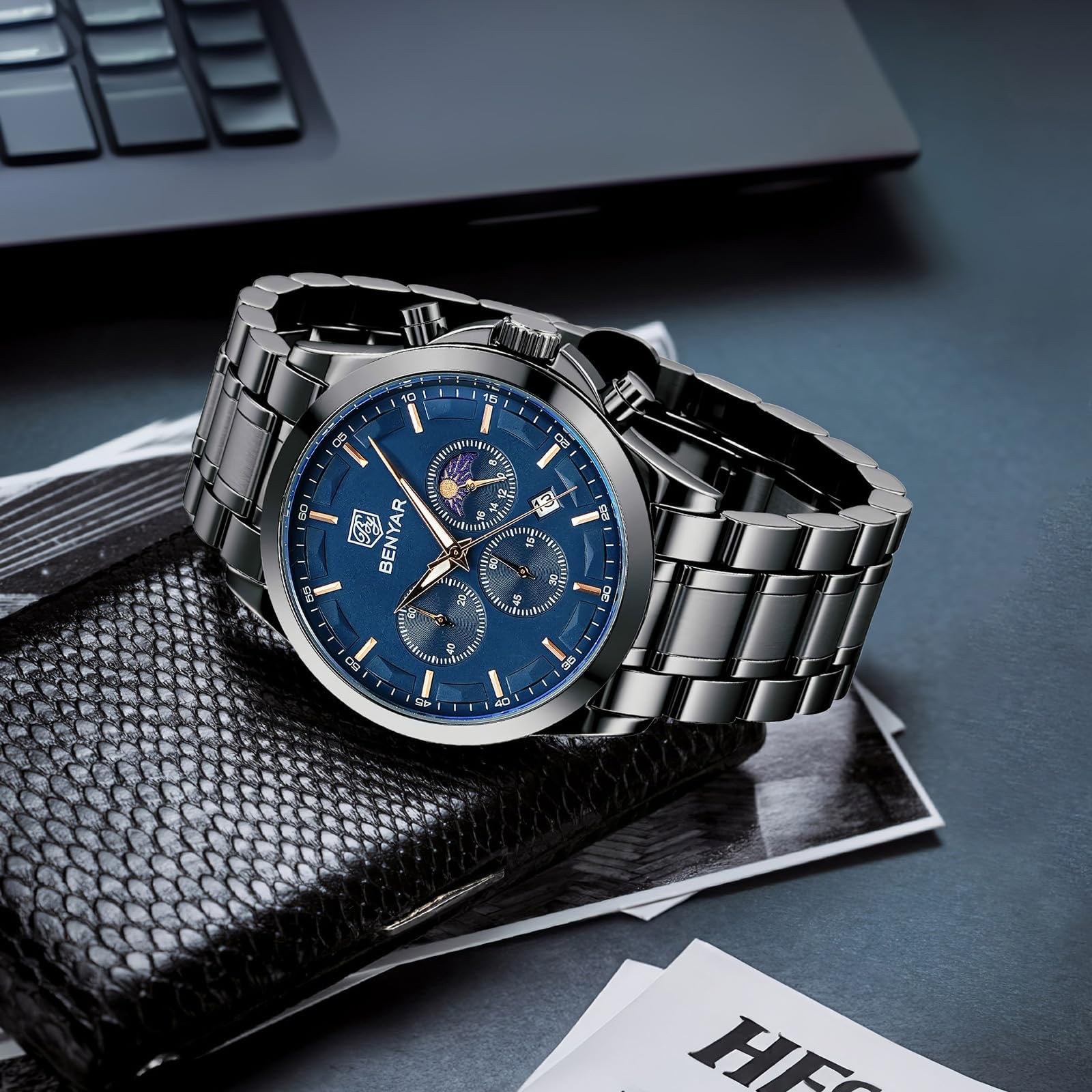 BENYAR Men's Watches Analog Quartz Chronograph Waterproof Stainless Steel Wrist Watches for Men Business Work Casual Sport Mens Dress Watch Unique Elegant Gifts for Men